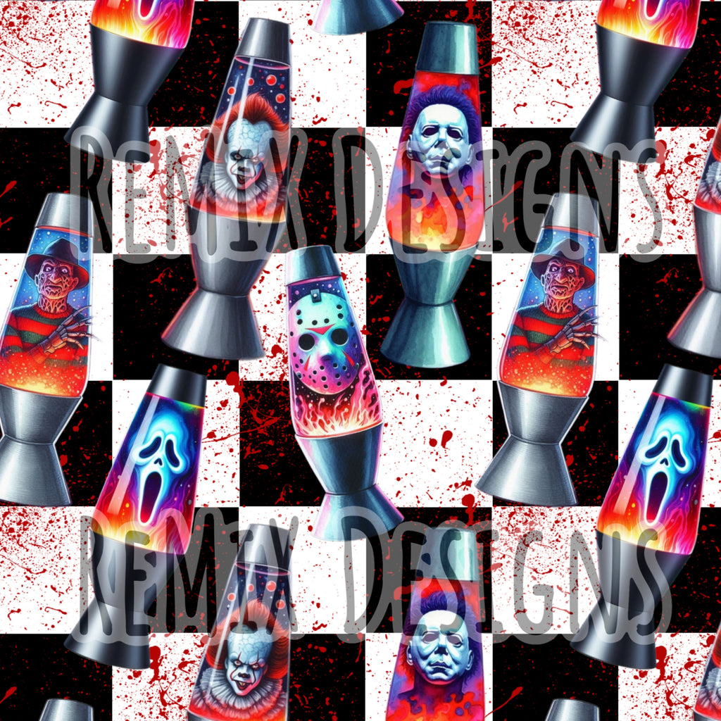 Lava lamp blood splatter, Jigsaw, Freddy, Michael Myers, Jason, Pennywise clown, Ghostface Halloween scary horror (Seamless Digital File)