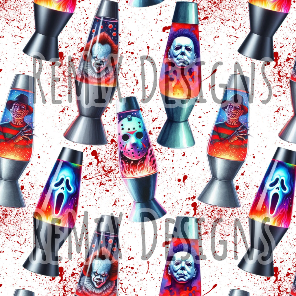 Lava lamp blood splatter, Jigsaw, Freddy, Michael Myers, Jason, Pennywise clown, Ghostface Halloween scary horror (Seamless Digital File)