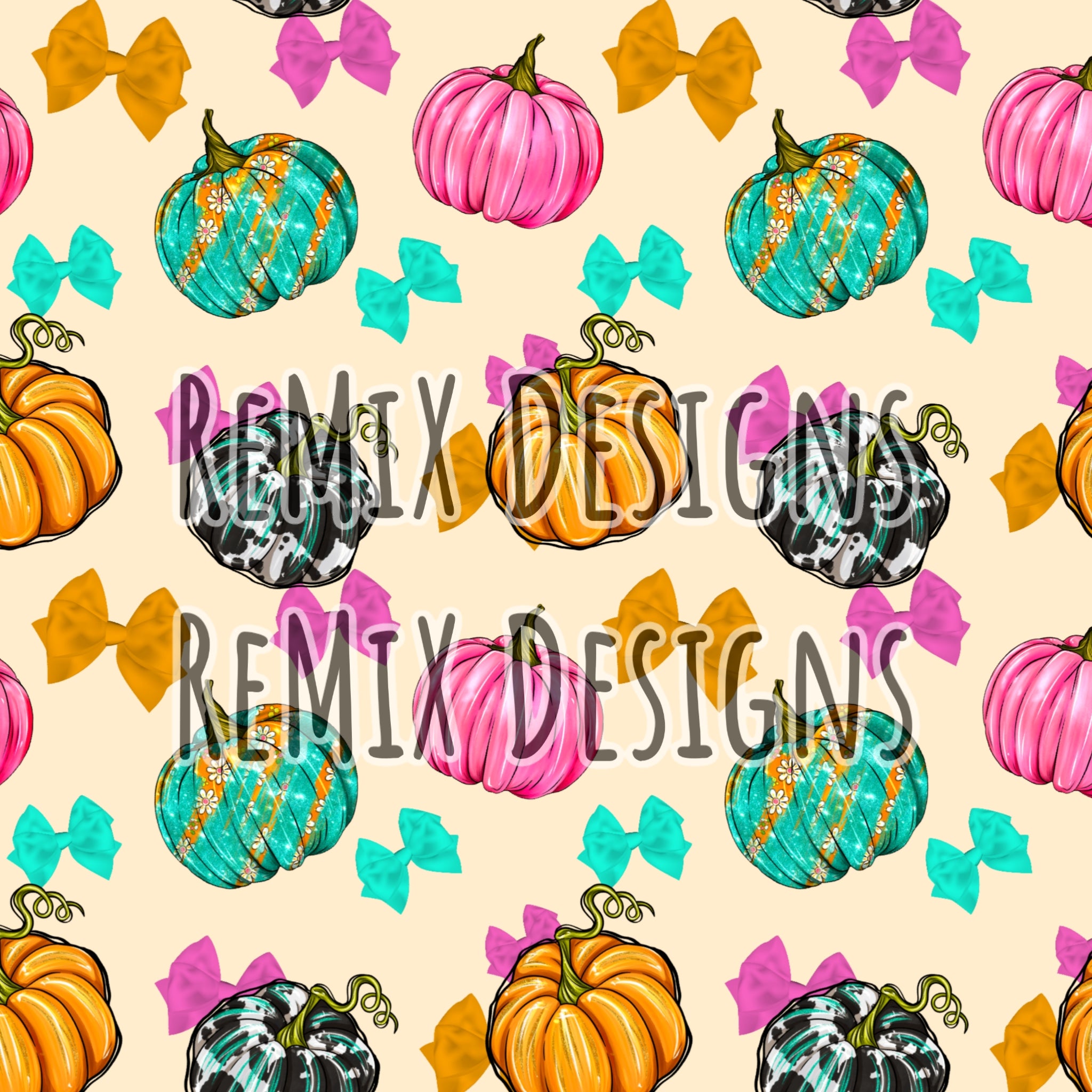 Pink Teal Fall Pumpkins autumn dainty girls coquette bows (Seamless Digital File)