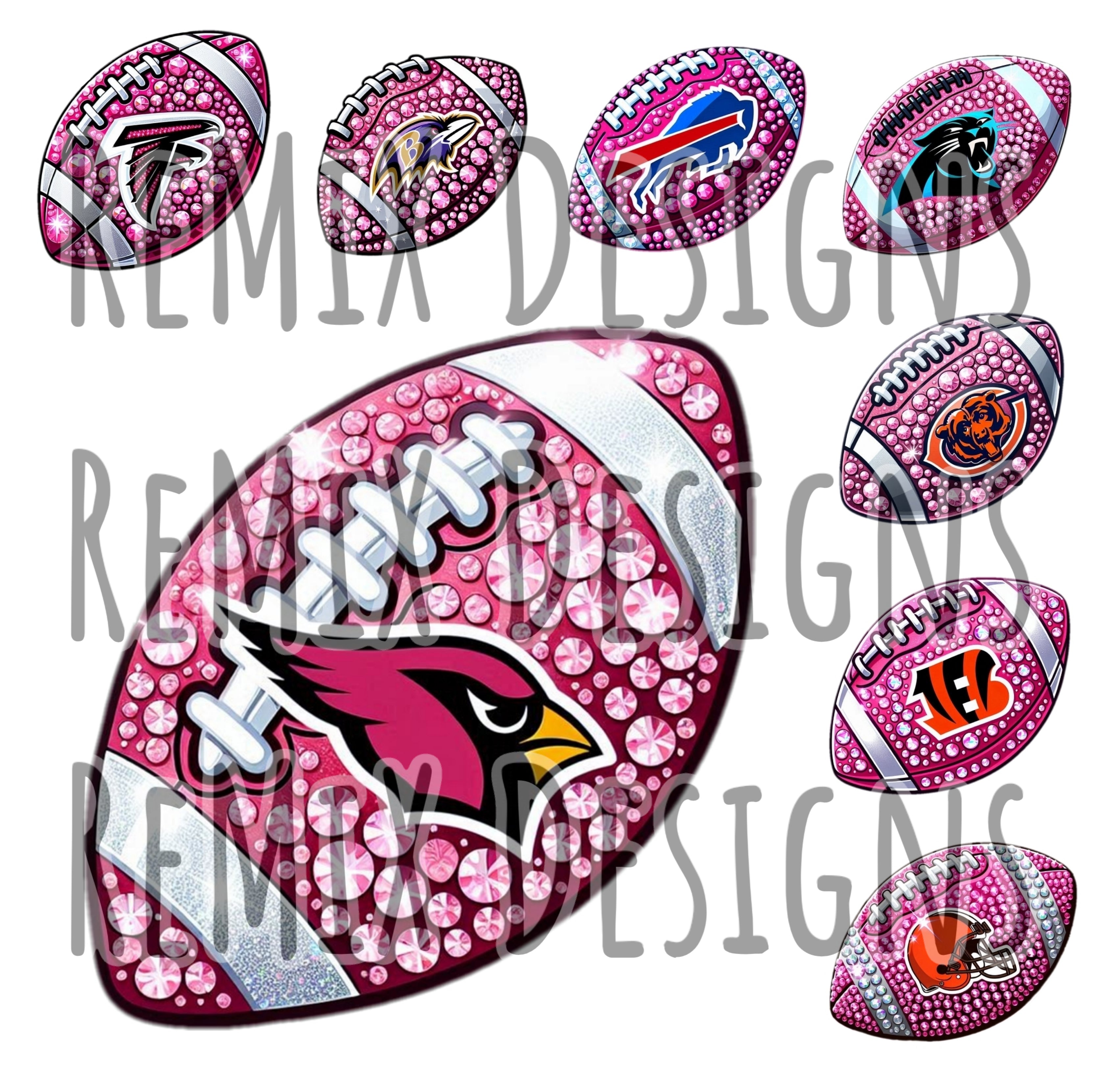 Pro Football Teams Rhinestone Pink Footballs Clipart Bundle (Digital PNG Files)