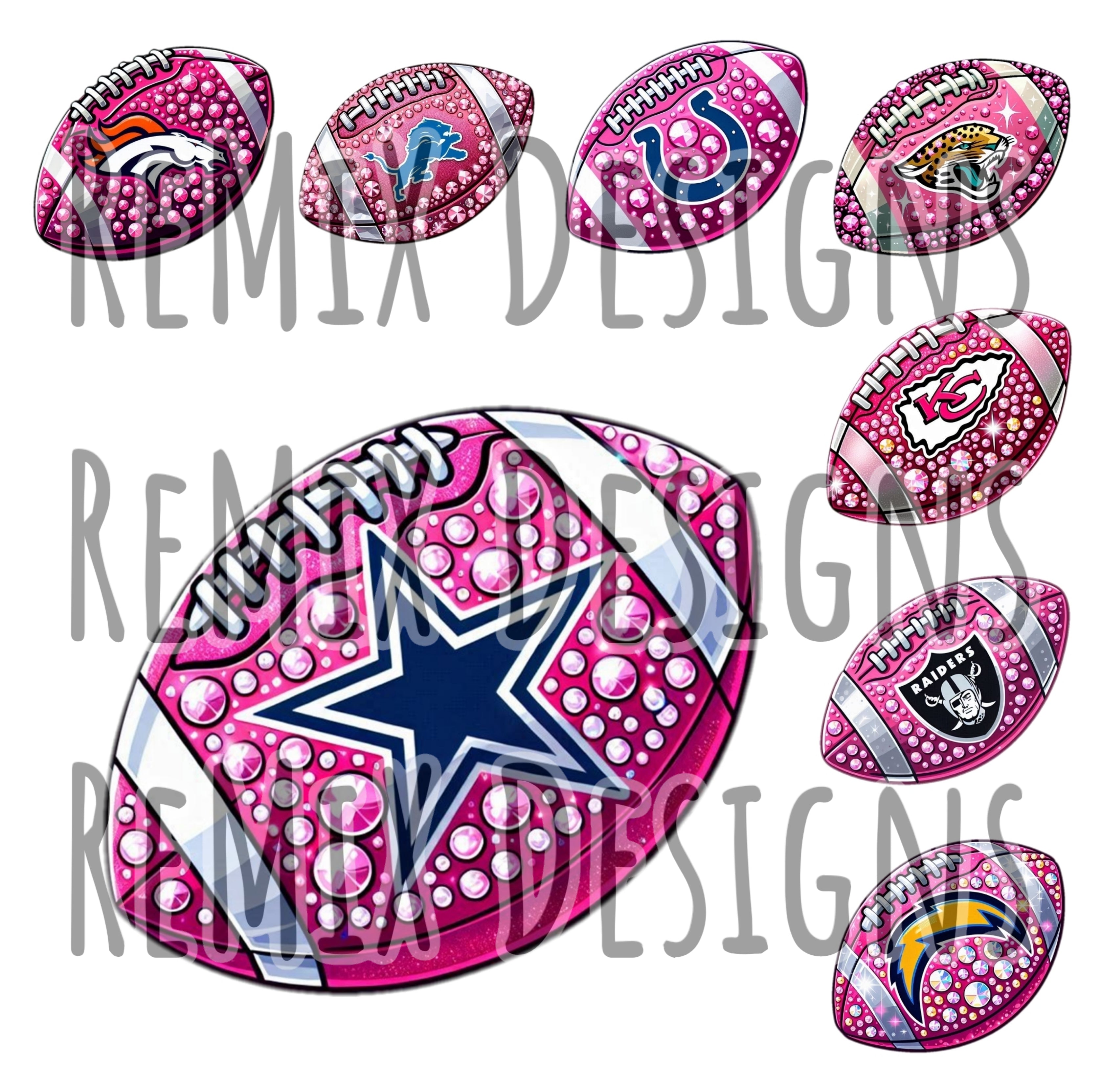 Pro Football Teams Rhinestone Pink Footballs Clipart Bundle (Digital PNG Files)