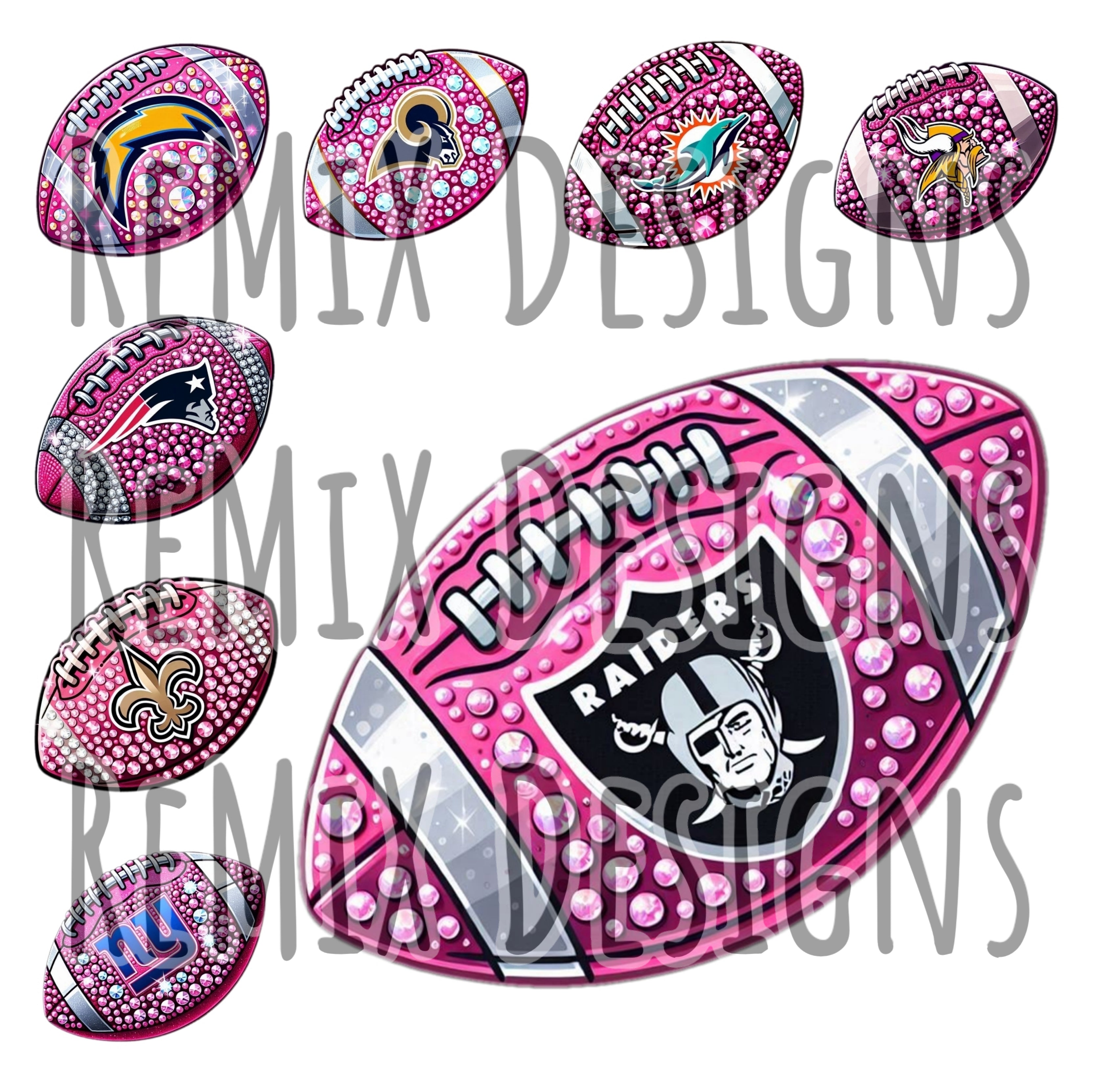 Pro Football Teams Rhinestone Pink Footballs Clipart Bundle (Digital PNG Files)