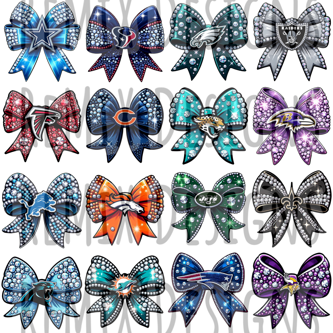 Pro Football All 32 Teams Rhinestone Coquette Cheer Bows Clipart Bundle (Digital PNG Files)