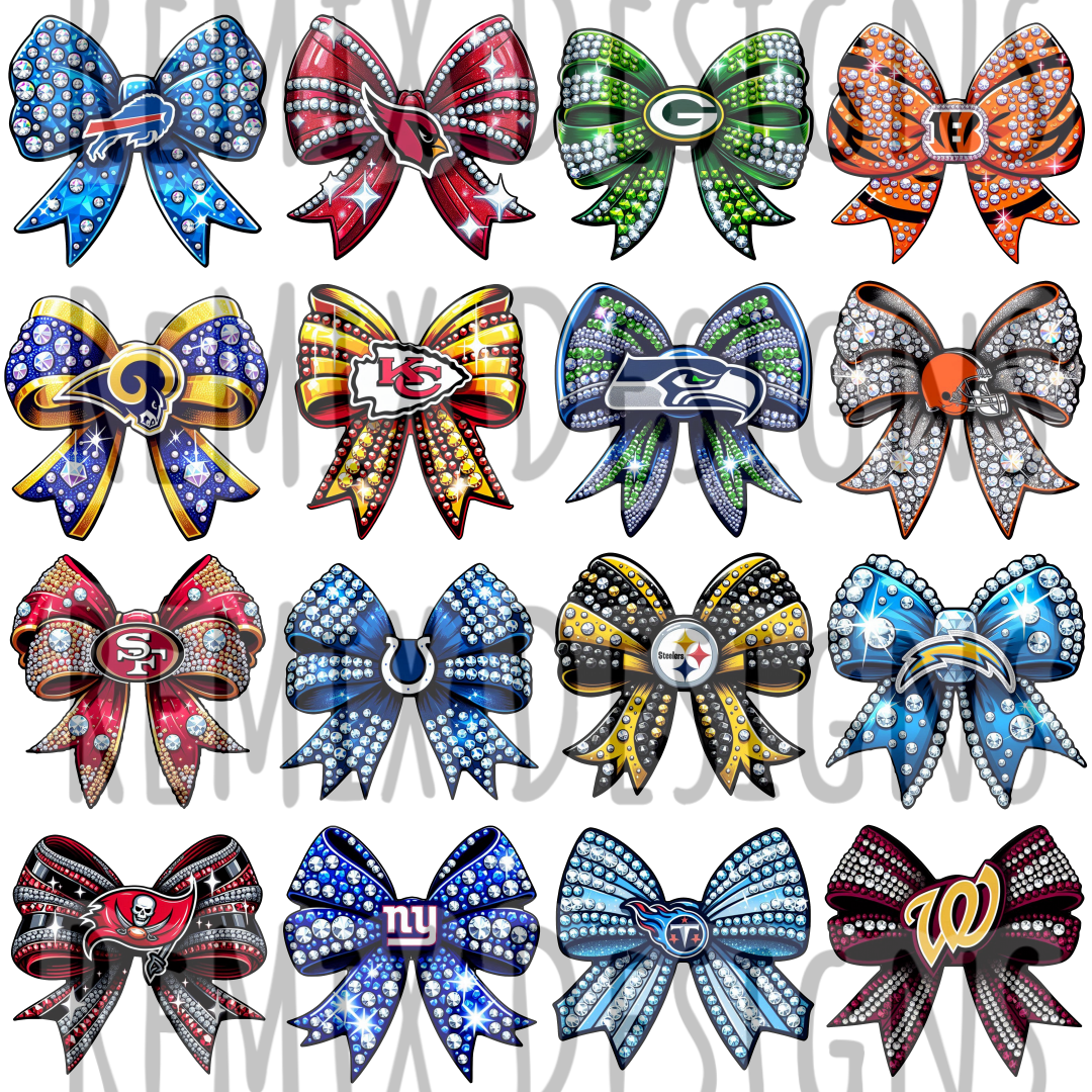 Pro Football All 32 Teams Rhinestone Coquette Cheer Bows Clipart Bundle (Digital PNG Files)