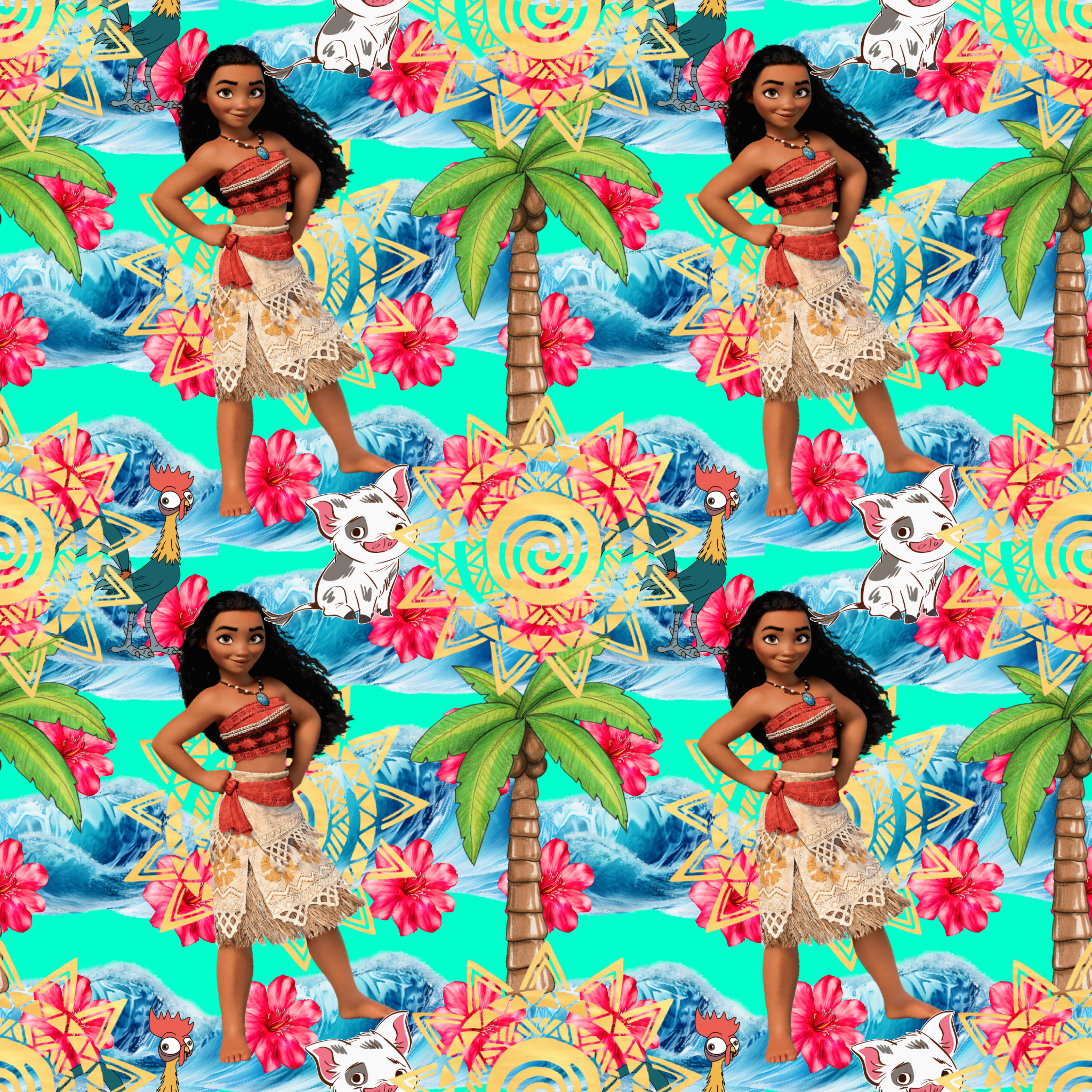 Hawaiian Polynesian Princess Maui Oceania Ocean Waves Pua Heihei bright (Seamless Digital File)