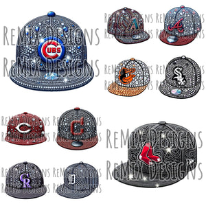 Pro Baseball All 30 Teams Rhinestone Flatbill Hats Clipart Bundle (Digital PNG Files)