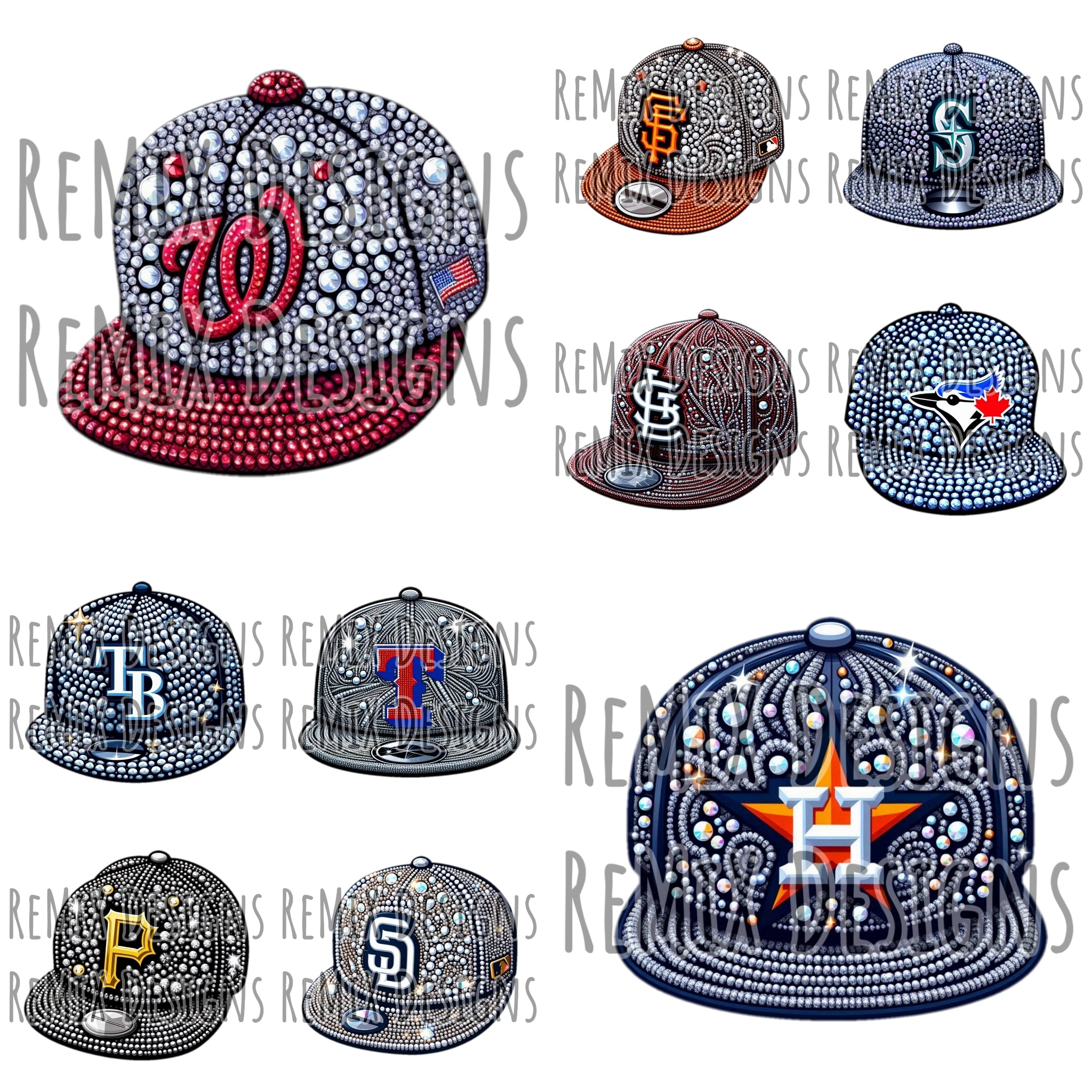 Pro Baseball All 30 Teams Rhinestone Flatbill Hats Clipart Bundle (Digital PNG Files)