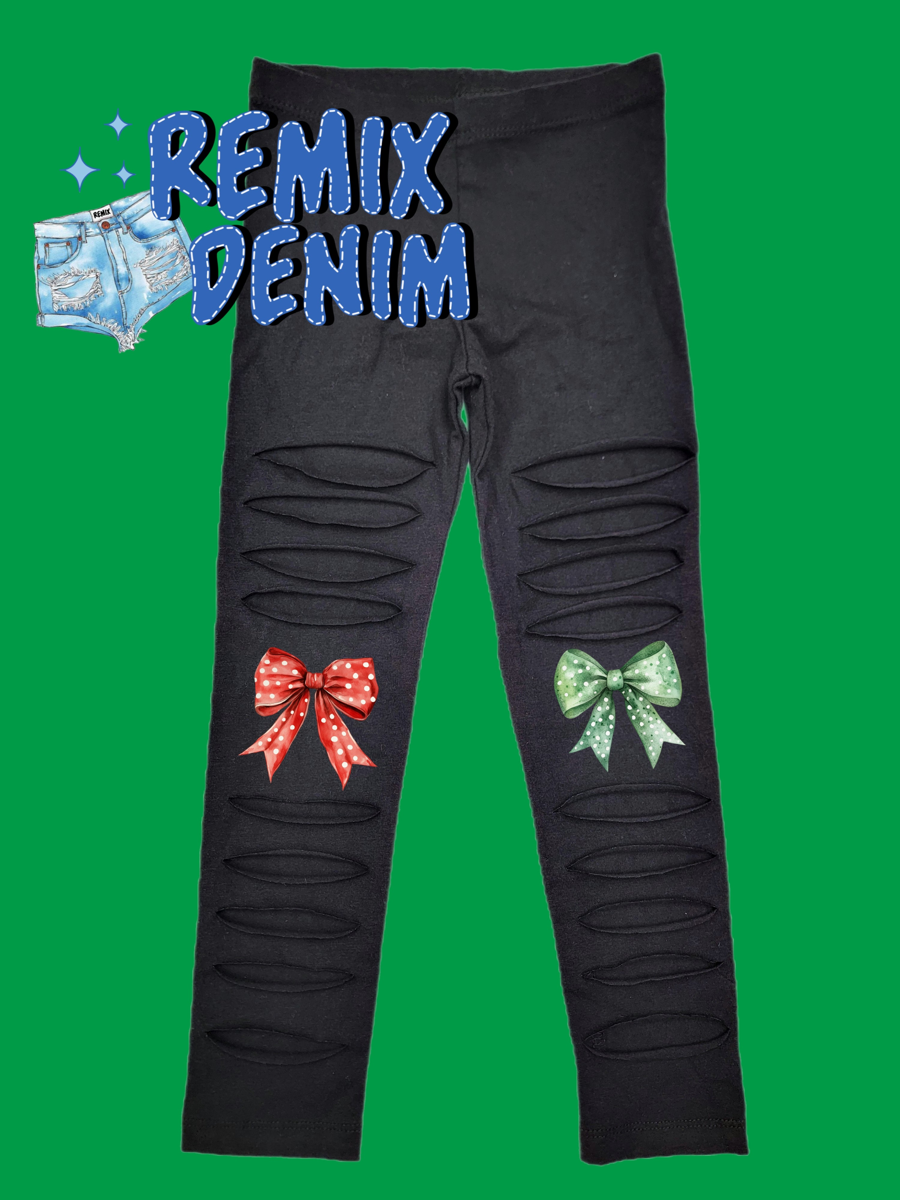 Green or Red Polka Dot Bows Distressed Leggings