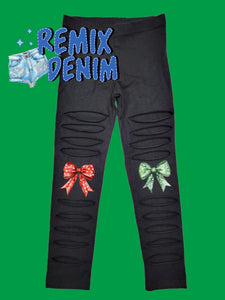 Green or Red Polka Dot Bows Distressed Leggings