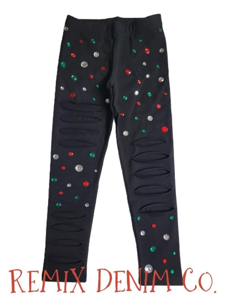 Holiday Glitz Bling Distressed Leggings